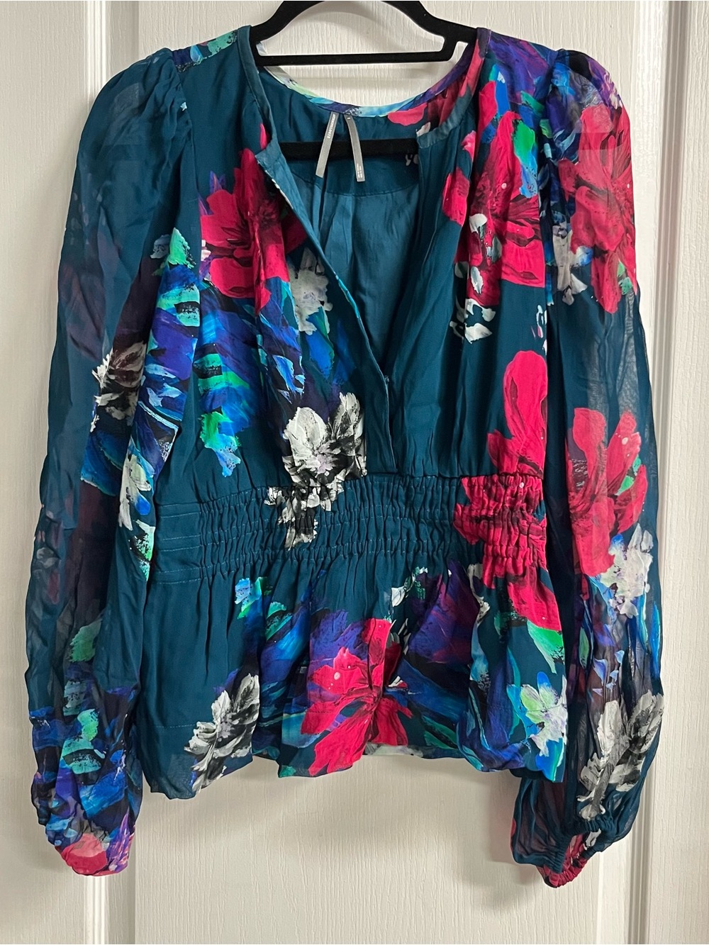 Anthropologie Teal Floral V-Neck Long-Sleeve Blouse with Smocked Waist